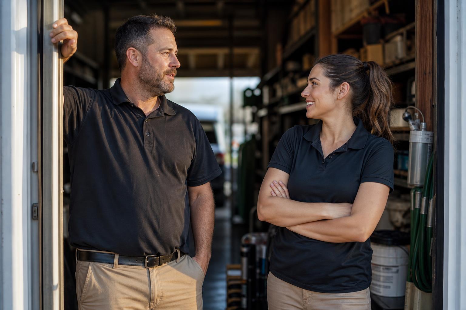 A business owner and his office manager reviewing the week's schedule together on a laptop