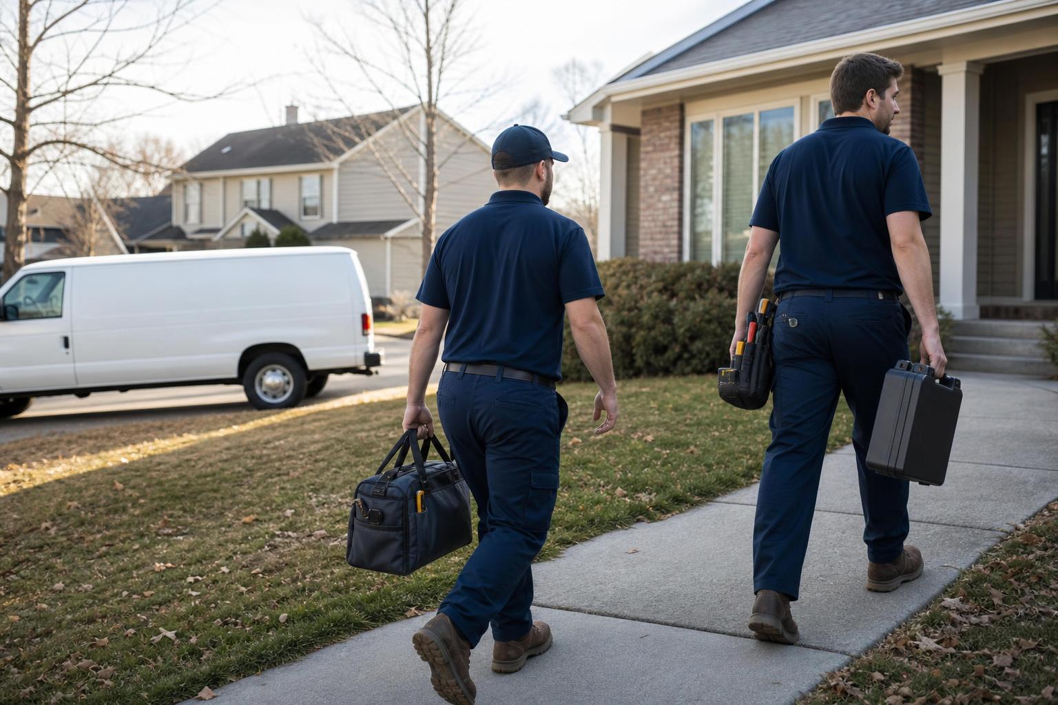 A home-service company owner and dispatcher reviewing the day's jobs on a tablet