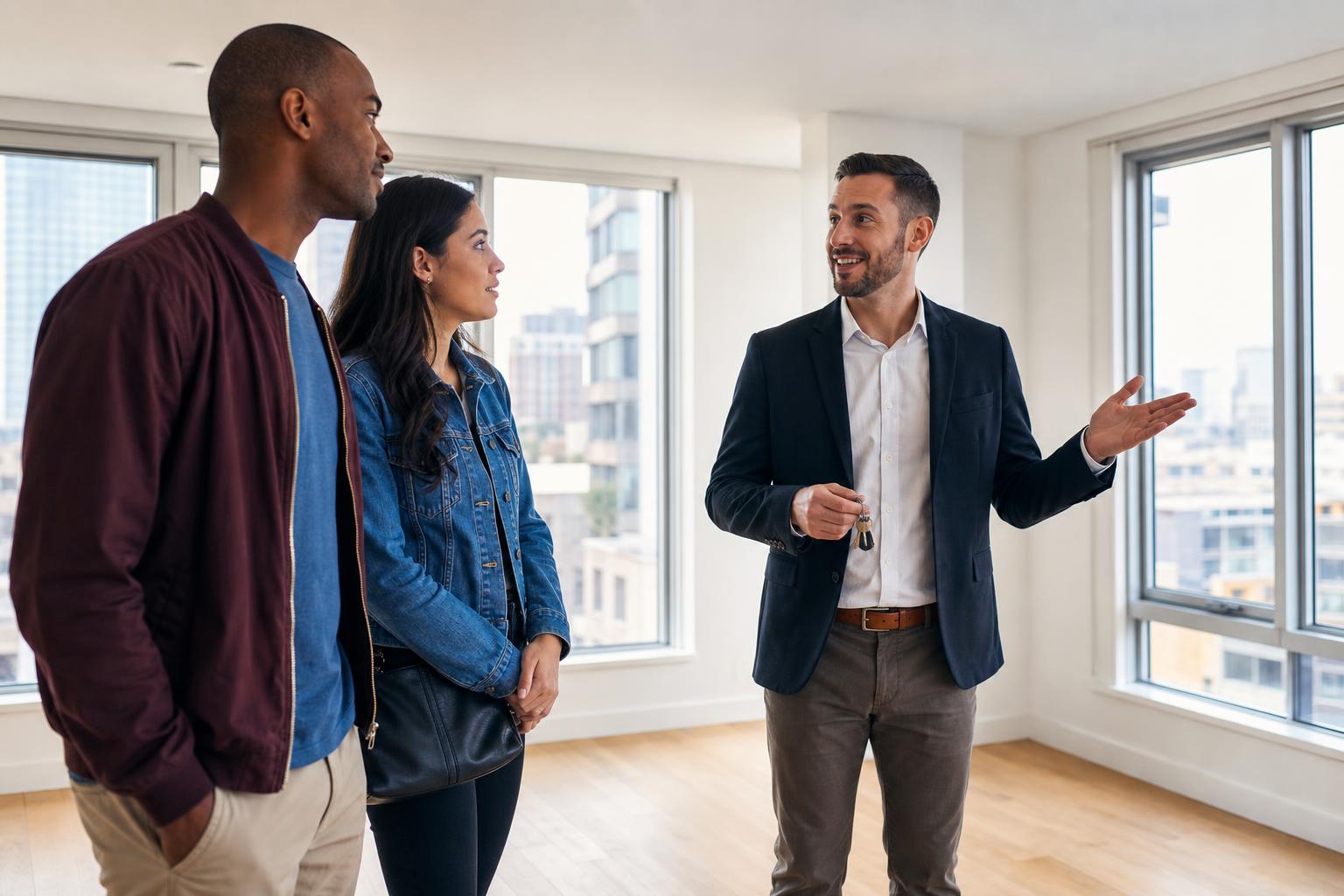 A property manager with a tablet talking with residents in an apartment community courtyard